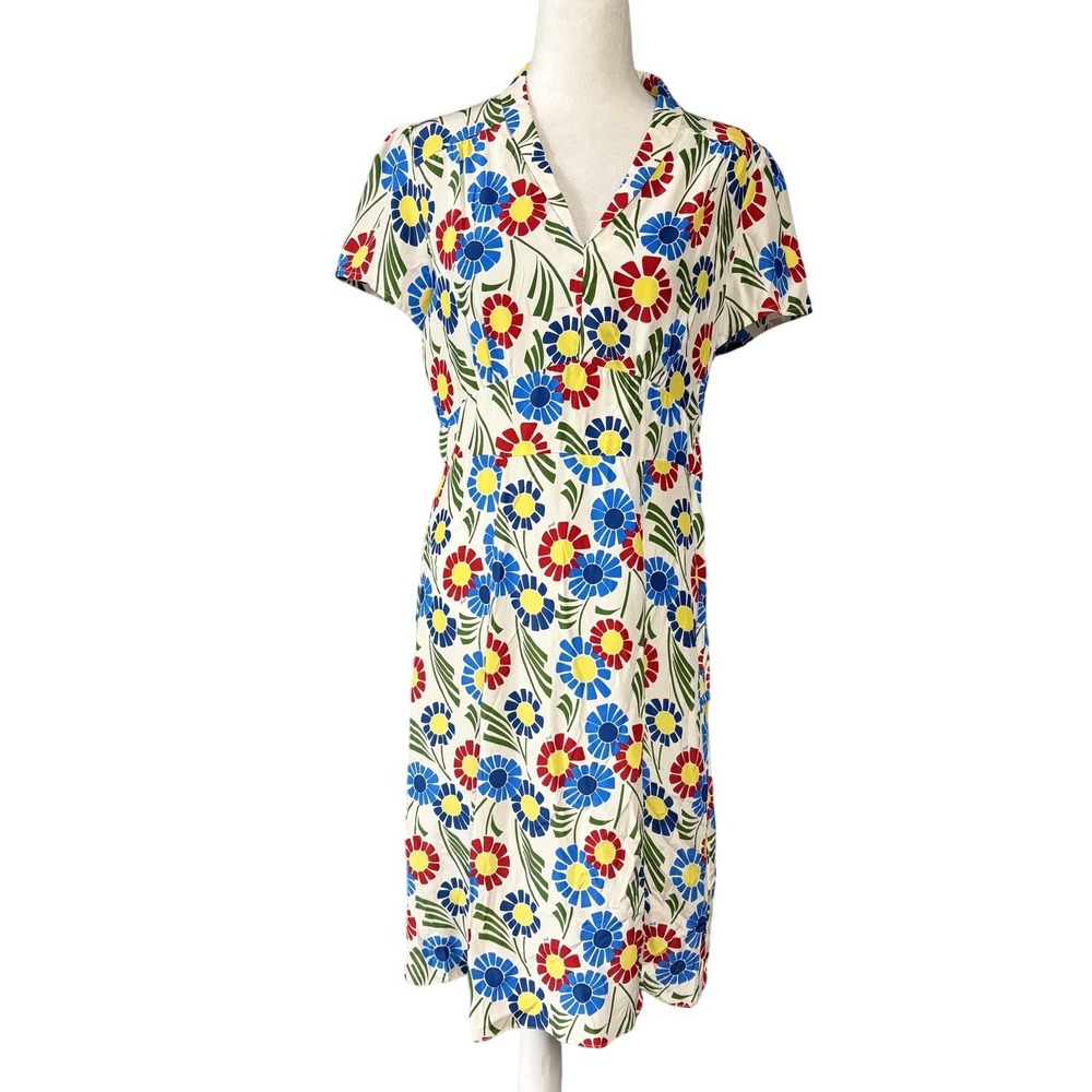 HVN Dress Womens 10 Multicolor Sunflower Silk Morgan 40s Collared Fit Flare